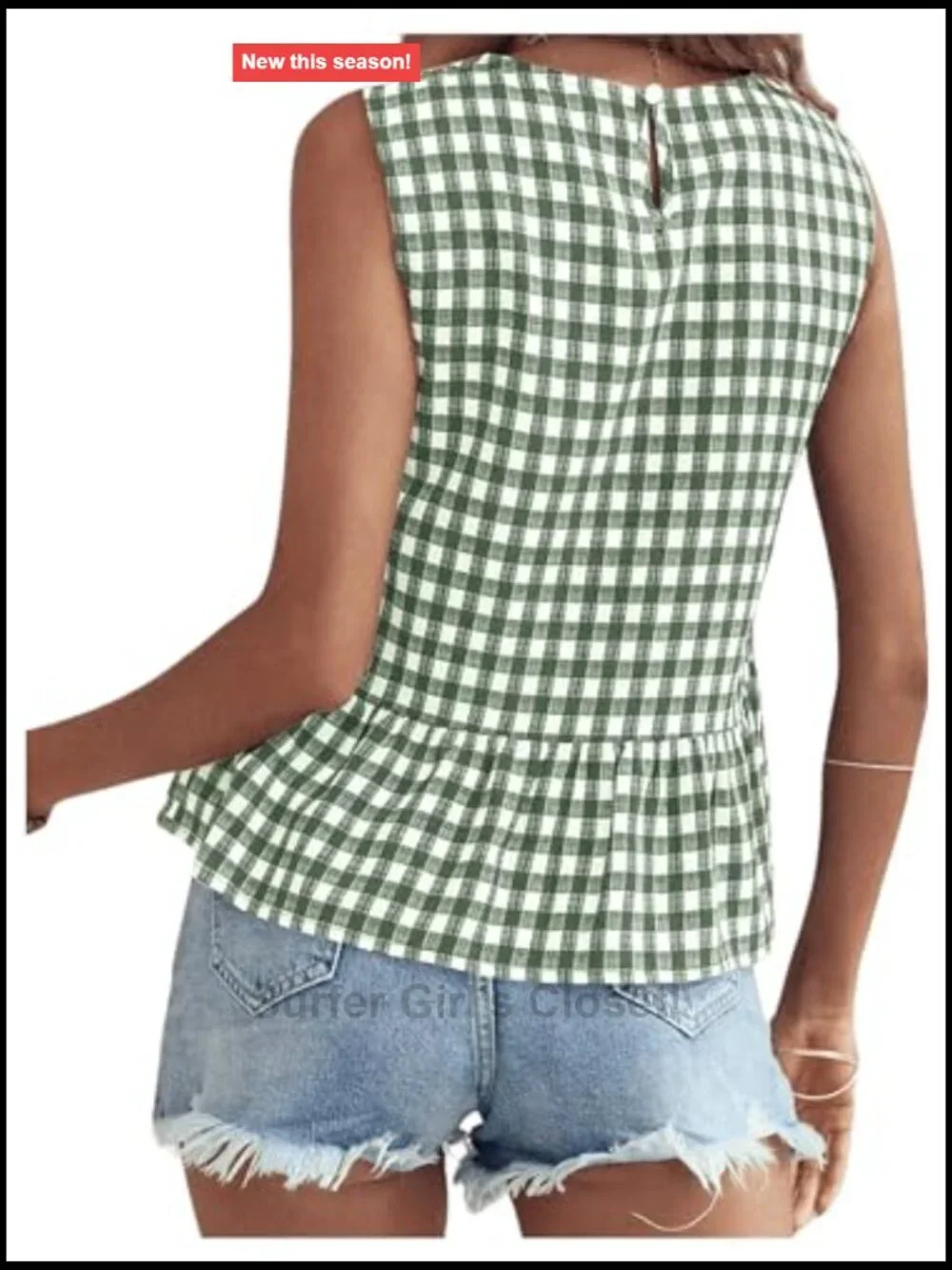 Womens Sleeveless Gingham Print Peplum Top Ruffle Hem Blouse